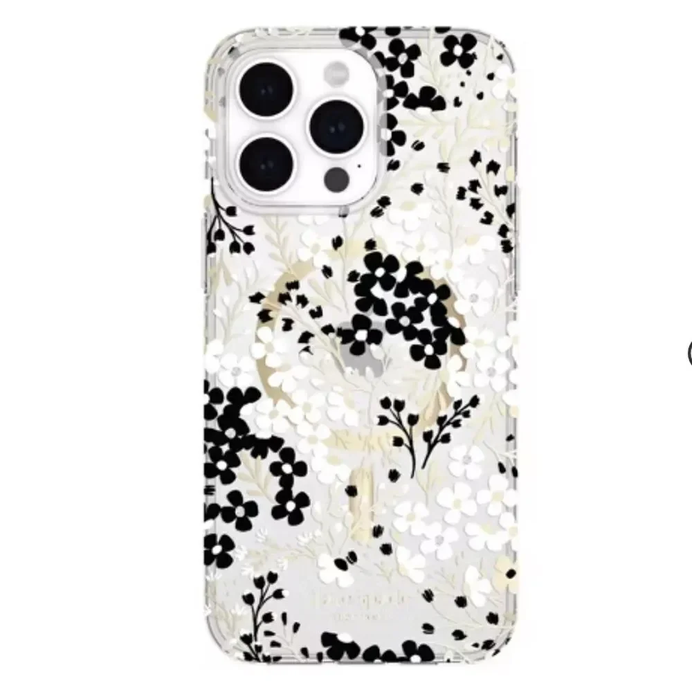 Kate Spade iPhone 15 Plus Protective Case MagSafe Black & White Floral Gems